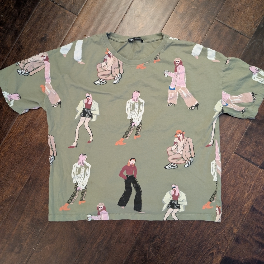 Zara Olive Green Graphic Short Sleeve Tee with Multicolor Figures